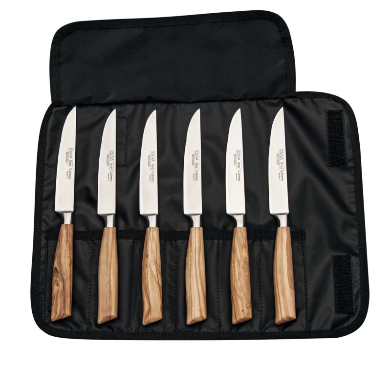 Rodensa 6-Piece Forged Steak Knife Set – Olive Wood Handles with Storage Roll Bag